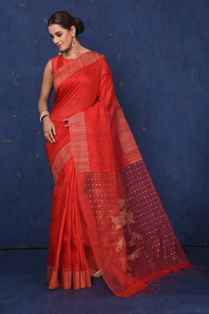 Shop stunning red embellished matka silk sari online in USA. Look elegant on festive occasions in exclusive silk sarees, matka sarees, handwoven sarees, embroidered sarees, designer sarees from Pure Elegance Indian saree store in USA.-pallu