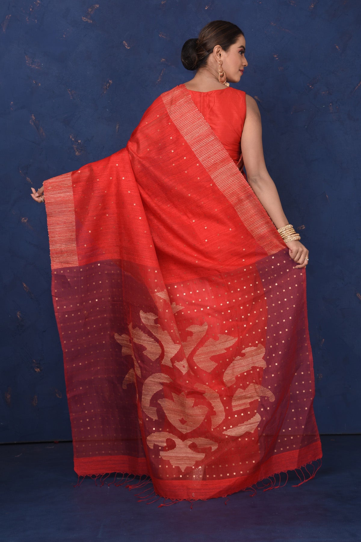 Shop stunning red embellished matka silk sari online in USA. Look elegant on festive occasions in exclusive silk sarees, matka sarees, handwoven sarees, embroidered sarees, designer sarees from Pure Elegance Indian saree store in USA.-back