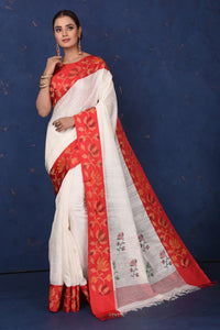 Shop gorgeous off-white matka silk sari online in USA with cut shuttle weave border. Look elegant on festive occasions in exclusive silk sarees, matka sarees, handwoven sarees, embroidered sarees, designer sarees from Pure Elegance Indian saree store in USA.-full view