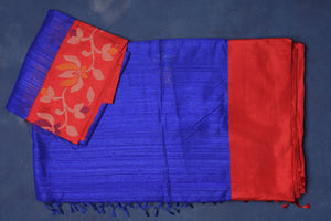 Shop beautiful bright blue matka silk saree online in USA with red cut shuttle weave border. Look elegant on festive occasions in exclusive silk sarees, matka sarees, handwoven sarees, embroidered sarees, designer sarees from Pure Elegance Indian saree store in USA.-blouse