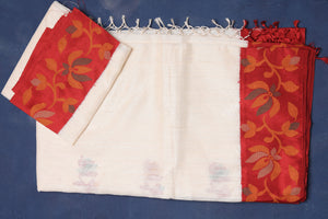 Buy beautiful off-white matka silk saree online in USA with red cut shuttle weave border. Look elegant on festive occasions in exclusive silk sarees, matka sarees, handwoven sarees, embroidered sarees, designer sarees from Pure Elegance Indian saree store in USA.-blouse