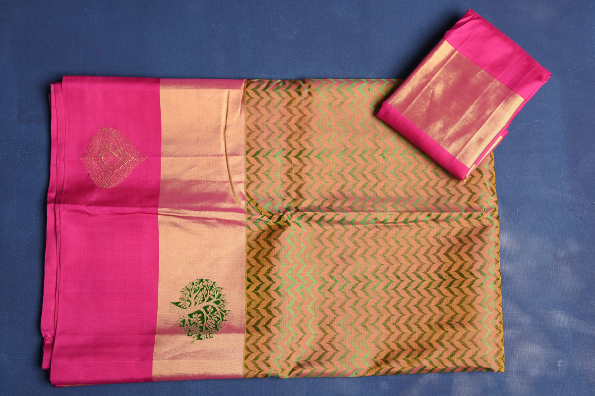 Buy beautiful mustard Kanjivaram silk sari online in USA with pink zari border. Flaunt your ethnic style at weddings and festive occasions in exquisite Indian sarees, Kanjeevaram sarees, handloom sarees, designer sarees, embroidered sarees from Pure Elegance Indian saree store in USA.-blouse