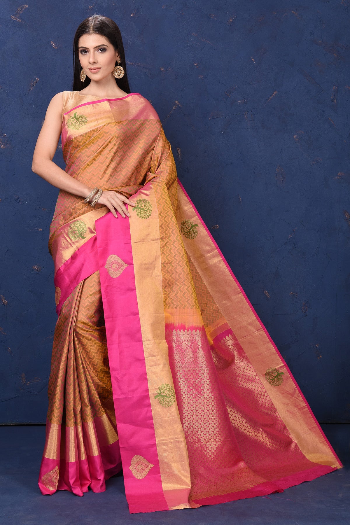 Buy beautiful mustard Kanjivaram silk sari online in USA with pink zari border. Flaunt your ethnic style at weddings and festive occasions in exquisite Indian sarees, Kanjeevaram sarees, handloom sarees, designer sarees, embroidered sarees from Pure Elegance Indian saree store in USA.-full view