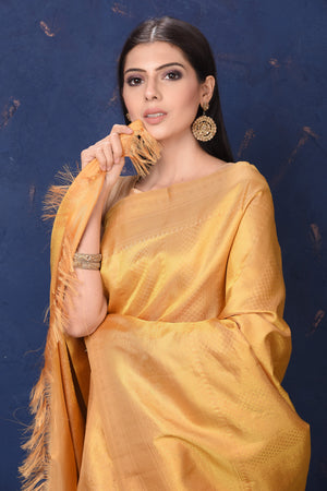 Buy stunning beige golden Kanjivaram silk sari online in USA. Flaunt your ethnic style at weddings and festive occasions in exquisite Indian sarees, Kanjeevaram sarees, handloom sarees, designer sarees, embroidered sarees from Pure Elegance Indian saree store in USA.-closeup