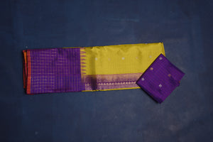 Buy stunning pista green Gadhwal silk saree online in USA with purple border and pallu. Set fashion goals on special occasions in exclusive silk sarees, Banarasi sarees, Kanjivaram sarees, handloom sarees, chiffon sarees, designer sarees from Pure Elegance Indian fashion store in USA.-blouse