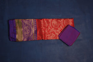 Shop gorgeous red Gadhwal silk Brocade sari online in USA with purple border. Set fashion goals on special occasions in exclusive silk sarees, Banarasi sarees, Kanjivaram sarees, handloom sarees, chiffon sarees, designer sarees from Pure Elegance Indian fashion store in USA.-blouse