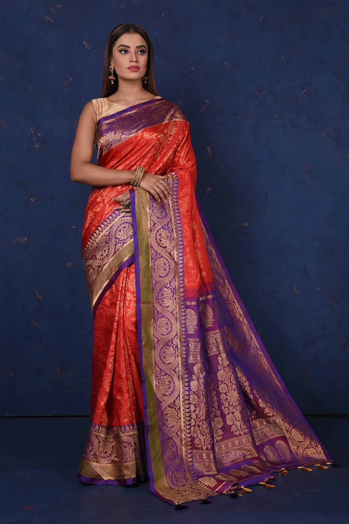 Shop gorgeous red Gadhwal silk Brocade sari online in USA with purple border. Set fashion goals on special occasions in exclusive silk sarees, Banarasi sarees, Kanjivaram sarees, handloom sarees, chiffon sarees, designer sarees from Pure Elegance Indian fashion store in USA.-full view