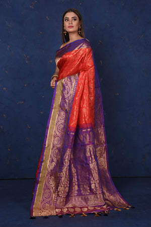 Shop gorgeous red Gadhwal silk Brocade sari online in USA with purple border. Set fashion goals on special occasions in exclusive silk sarees, Banarasi sarees, Kanjivaram sarees, handloom sarees, chiffon sarees, designer sarees from Pure Elegance Indian fashion store in USA.-pallu