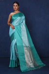 Shop stunning blue Kanjeevaram silk sari online in USA with green zari border. Be the center of attraction on special occasions in stunning designer sarees, handloom sarees, Kanchipuram silk sarees, pure silk sarees from Pure Elegance Indian fashion store in USA.-front