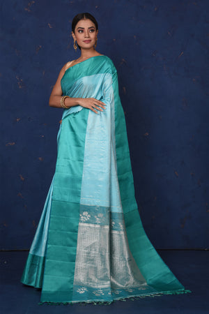 Shop stunning blue Kanjeevaram silk sari online in USA with green zari border. Be the center of attraction on special occasions in stunning designer sarees, handloom sarees, Kanchipuram silk sarees, pure silk sarees from Pure Elegance Indian fashion store in USA.-pallu