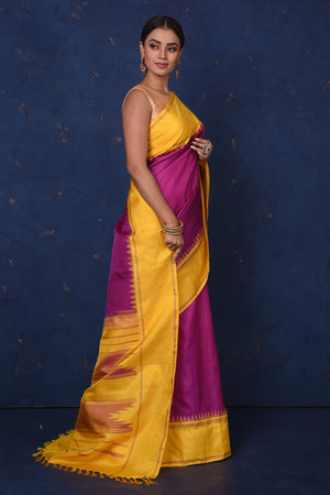 Shop beautiful purple Kanjeevaram silk saree online in USA with yellow border and pallu. Be the center of attraction on special occasions in stunning designer sarees, handloom sarees, Kanchipuram silk sarees, pure silk sarees from Pure Elegance Indian fashion store in USA.-side