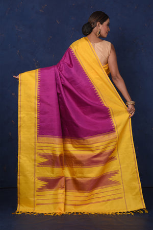 Shop beautiful purple Kanjeevaram silk saree online in USA with yellow border and pallu. Be the center of attraction on special occasions in stunning designer sarees, handloom sarees, Kanchipuram silk sarees, pure silk sarees from Pure Elegance Indian fashion store in USA.-back