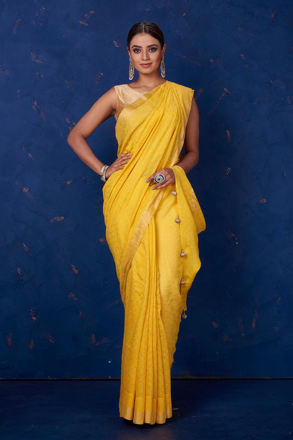 Buy stunning yellow badla work sari online in USA with golden border. Keep your ethnic wardrobe with exclusive designer sarees, handloom sarees, pure silk sarees, soft silk sarees, Banarasi silk sarees from Pure Elegance Indian fashion store in USA.-front