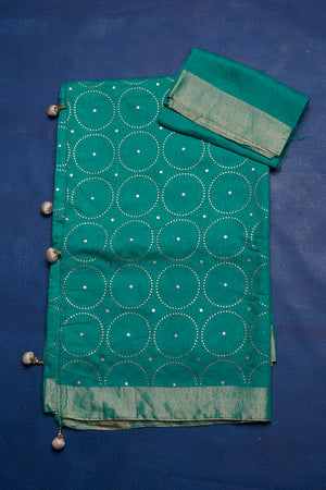 Buy stunning sea green badla work saree online in USA with golden border. Keep your ethnic wardrobe with exclusive designer sarees, handloom sarees, pure silk sarees, soft silk sarees, Banarasi silk sarees from Pure Elegance Indian fashion store in USA.-blouse