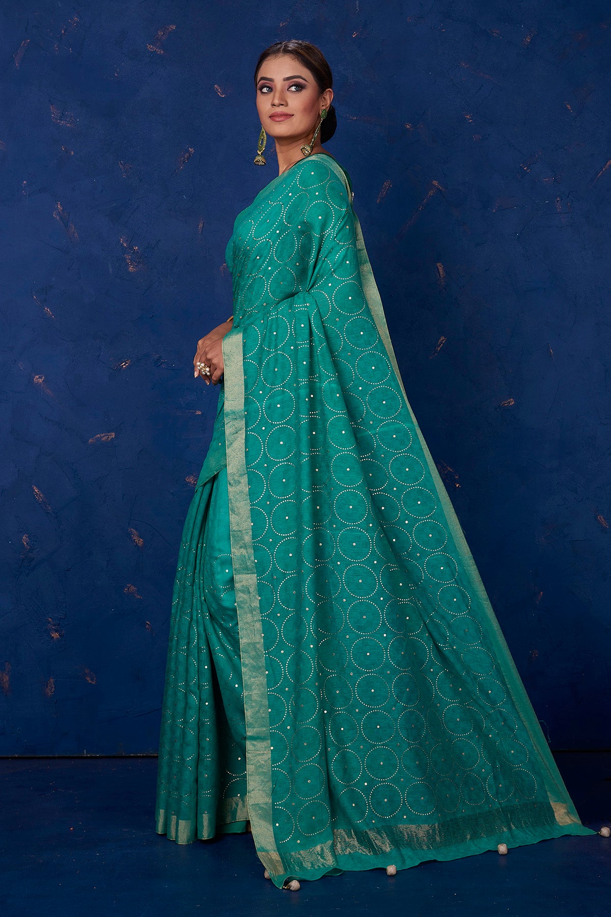 Buy stunning sea green badla work saree online in USA with golden border. Keep your ethnic wardrobe with exclusive designer sarees, handloom sarees, pure silk sarees, soft silk sarees, Banarasi silk sarees from Pure Elegance Indian fashion store in USA.-pallu