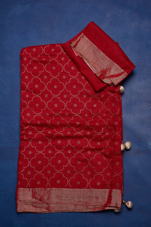 Shop beautiful dark red badla work saree online in USA with golden border. Keep your ethnic wardrobe with exclusive designer sarees, handloom sarees, pure silk sarees, soft silk sarees, Banarasi silk sarees from Pure Elegance Indian fashion store in USA.-blouse