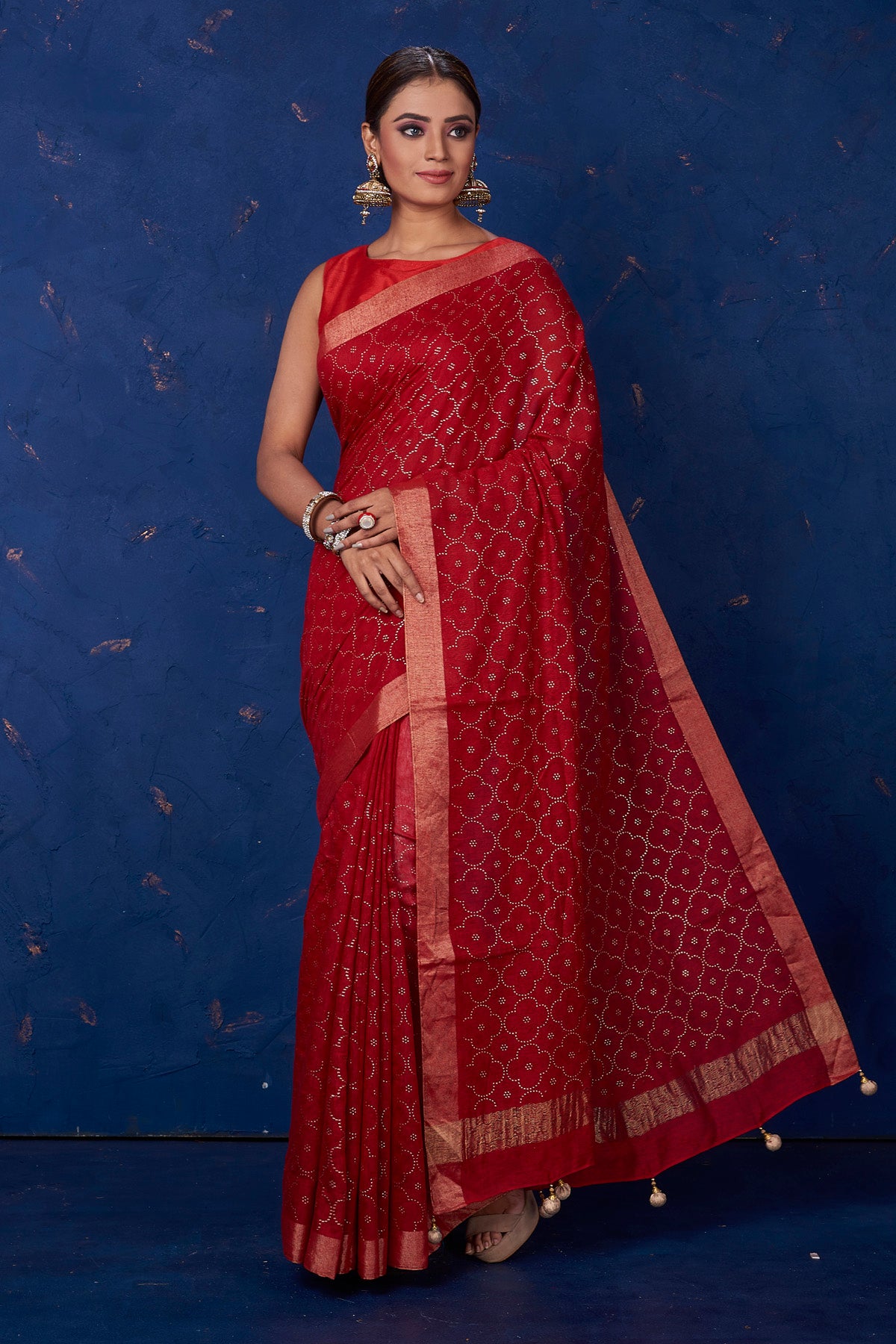 Shop beautiful dark red badla work saree online in USA with golden border. Keep your ethnic wardrobe with exclusive designer sarees, handloom sarees, pure silk sarees, soft silk sarees, Banarasi silk sarees from Pure Elegance Indian fashion store in USA.-full view