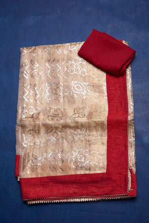 Shop stunning beige foil print organza sari online in USA with red border. Keep your ethnic wardrobe with exclusive designer sarees, handloom sarees, pure silk sarees, soft silk sarees, Banarasi silk sarees from Pure Elegance Indian fashion store in USA.-blouse