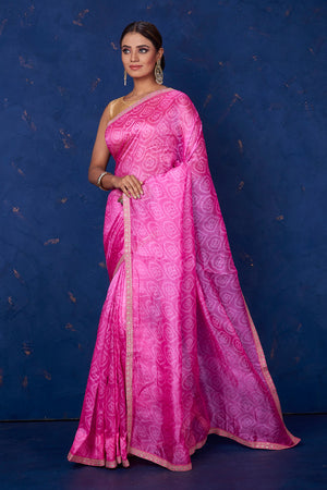 Shop gorgeous light pink embroidered Bandhej organza saree online in USA. Keep your ethnic wardrobe with exclusive designer sarees, handloom sarees, pure silk sarees, soft silk sarees, Banarasi silk sarees from Pure Elegance Indian fashion store in USA.-pallu
