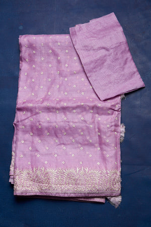 Buy stunning lilac Kota tussar saree online in USA with embroidery. Keep your ethnic wardrobe up to date with latest designer sarees, pure silk sarees, handwoven sarees, tussar silk sarees, embroidered sarees from Pure Elegance Indian saree store in USA.-blouse