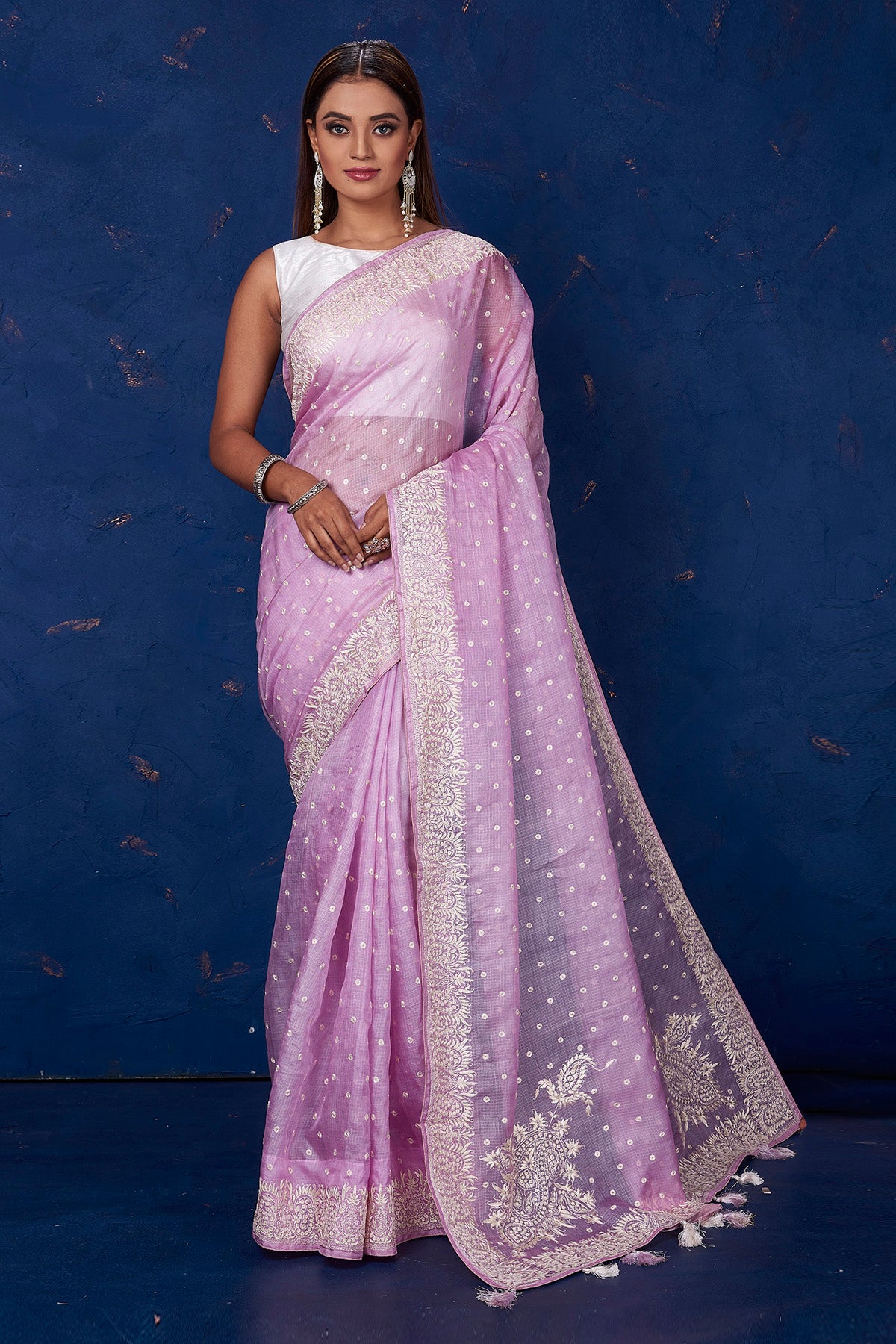 Buy stunning lilac Kota tussar saree online in USA with embroidery. Keep your ethnic wardrobe up to date with latest designer sarees, pure silk sarees, handwoven sarees, tussar silk sarees, embroidered sarees from Pure Elegance Indian saree store in USA.-full view