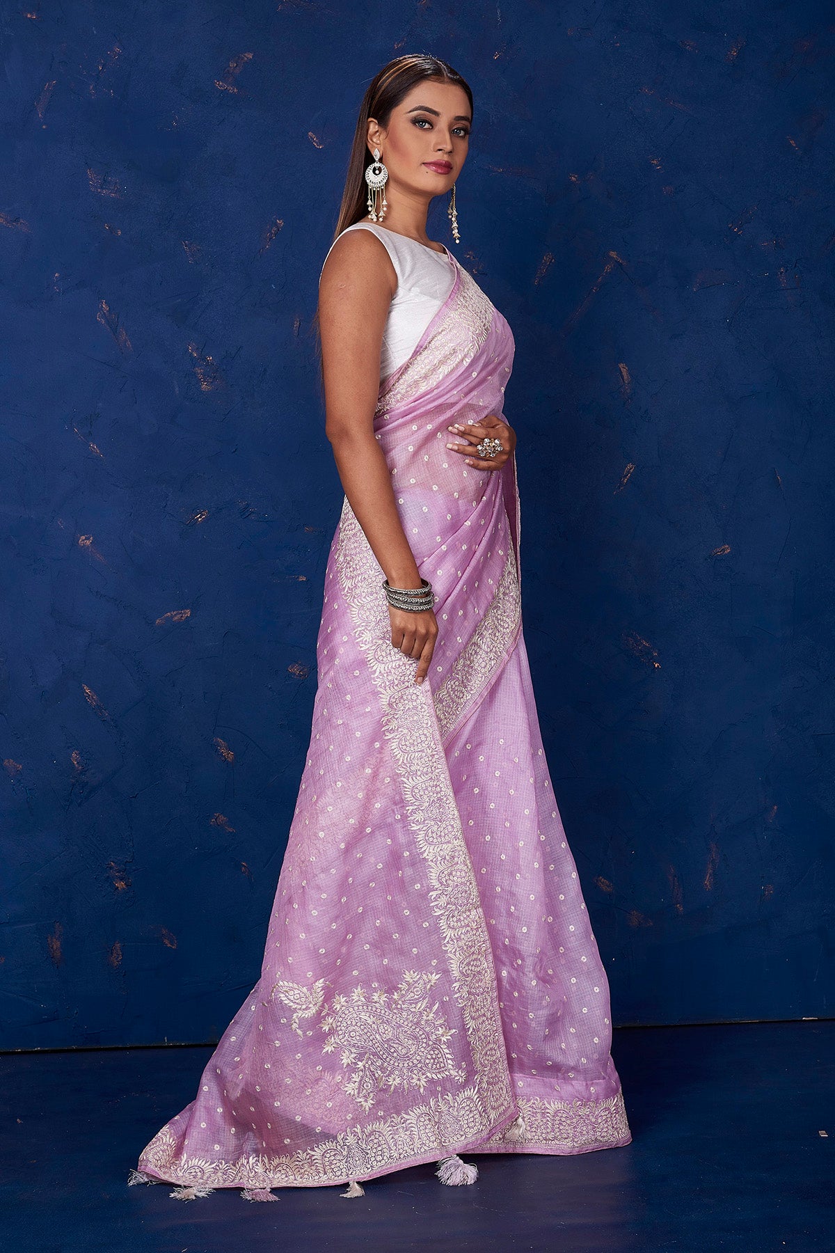 Buy stunning lilac Kota tussar saree online in USA with embroidery. Keep your ethnic wardrobe up to date with latest designer sarees, pure silk sarees, handwoven sarees, tussar silk sarees, embroidered sarees from Pure Elegance Indian saree store in USA.-side
