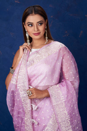 Buy stunning lilac Kota tussar saree online in USA with embroidery. Keep your ethnic wardrobe up to date with latest designer sarees, pure silk sarees, handwoven sarees, tussar silk sarees, embroidered sarees from Pure Elegance Indian saree store in USA.-closeup