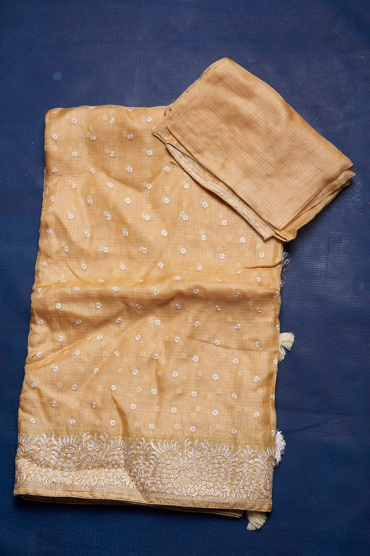 Shop stunning light yellow Kota tussar saree online in USA with embroidery. Keep your ethnic wardrobe up to date with latest designer sarees, pure silk sarees, handwoven sarees, tussar silk sarees, embroidered sarees from Pure Elegance Indian saree store in USA.-blouse