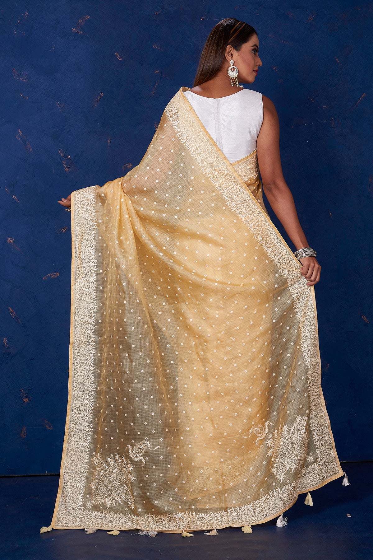 Shop stunning light yellow Kota tussar saree online in USA with embroidery. Keep your ethnic wardrobe up to date with latest designer sarees, pure silk sarees, handwoven sarees, tussar silk sarees, embroidered sarees from Pure Elegance Indian saree store in USA.-back