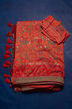 Shop beautiful orange Kani weave saree online in USA with antique work. Keep your ethnic wardrobe up to date with latest designer sarees, pure silk sarees, handwoven sarees, tussar silk sarees, embroidered sarees from Pure Elegance Indian saree store in USA.-blouse