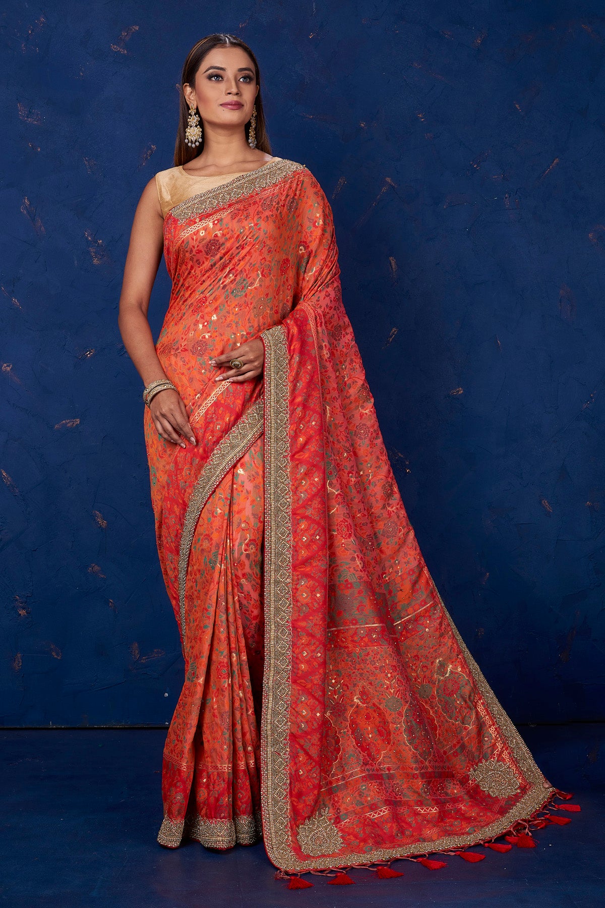 Shop beautiful orange Kani weave saree online in USA with antique work. Keep your ethnic wardrobe up to date with latest designer sarees, pure silk sarees, handwoven sarees, tussar silk sarees, embroidered sarees from Pure Elegance Indian saree store in USA.-full view
