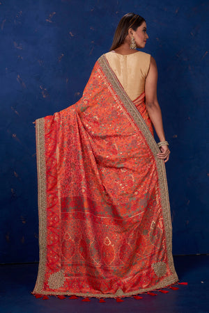 Shop beautiful orange Kani weave saree online in USA with antique work. Keep your ethnic wardrobe up to date with latest designer sarees, pure silk sarees, handwoven sarees, tussar silk sarees, embroidered sarees from Pure Elegance Indian saree store in USA.-back