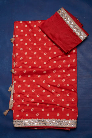 Shop beautiful red bandhej chanderi sari online in USA with embroidered border. Keep your ethnic wardrobe up to date with latest designer sarees, pure silk sarees, handwoven sarees, tussar silk sarees, embroidered sarees from Pure Elegance Indian saree store in USA.-blouse