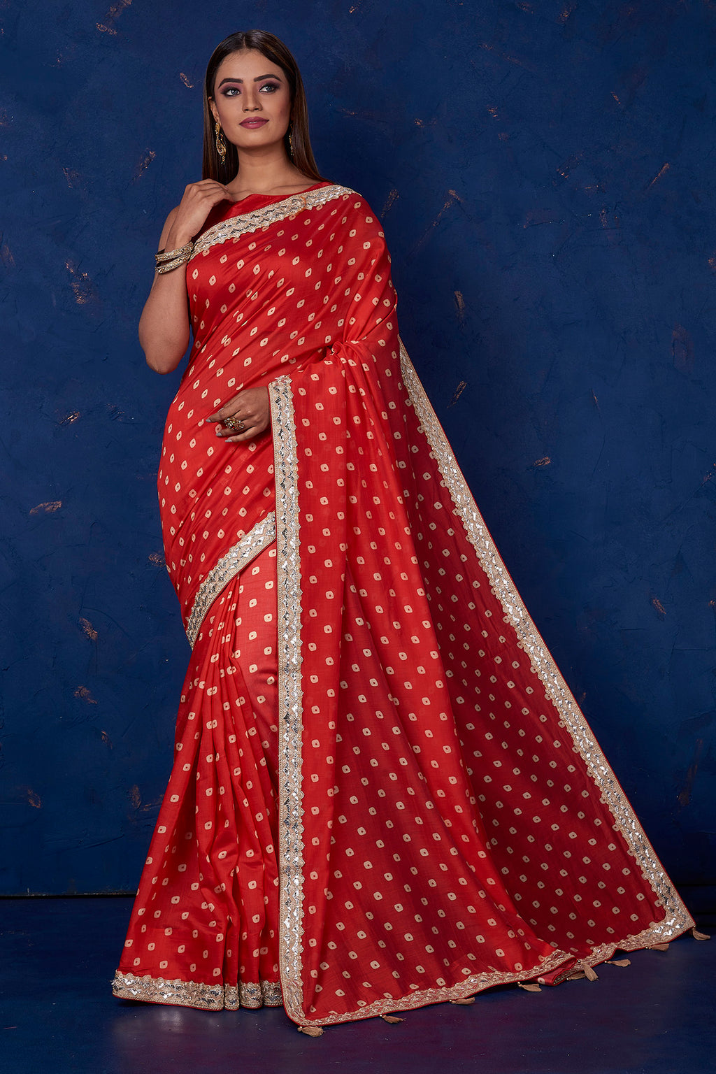 Shop beautiful red bandhej chanderi sari online in USA with embroidered border. Keep your ethnic wardrobe up to date with latest designer sarees, pure silk sarees, handwoven sarees, tussar silk sarees, embroidered sarees from Pure Elegance Indian saree store in USA.-full view