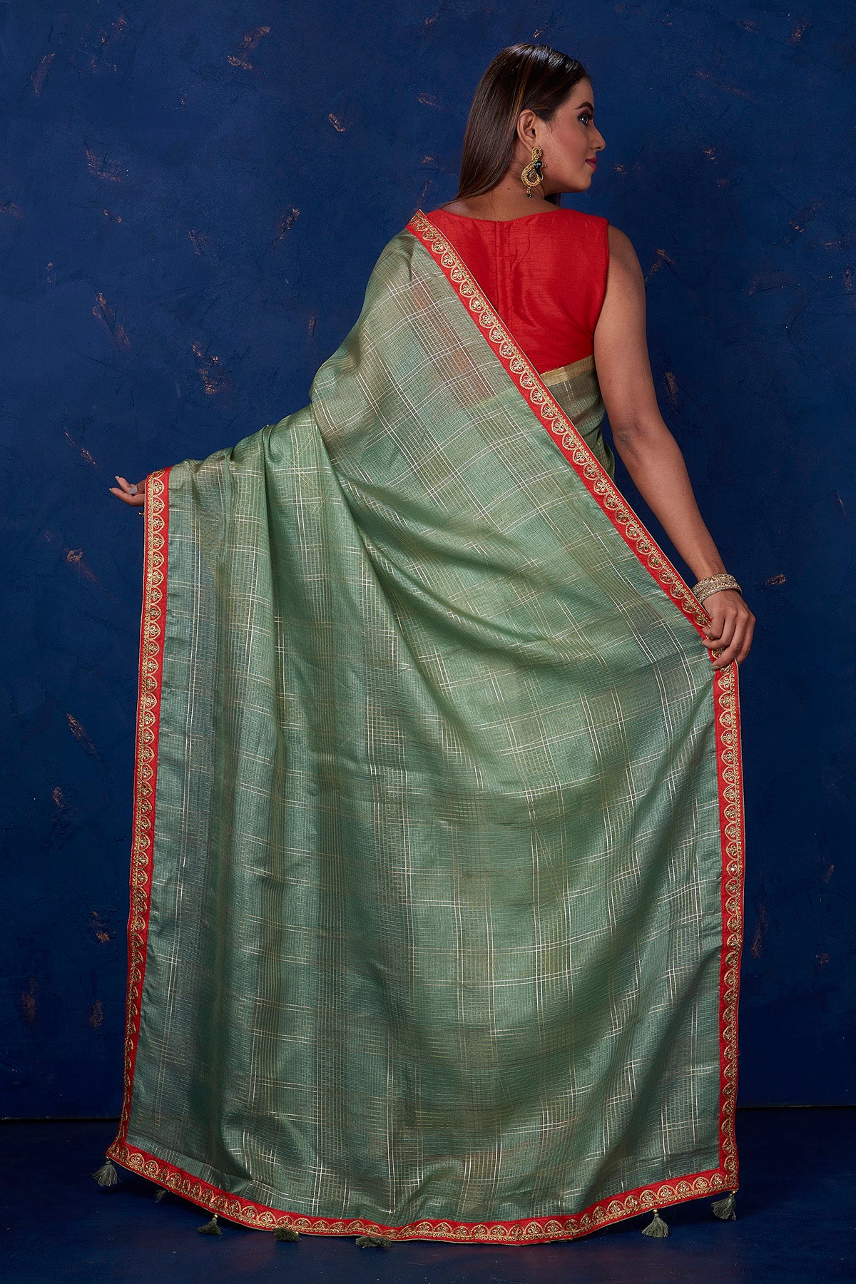 Buy stunning sage green self-check chanderi sari online in USA with embroidered border. Keep your ethnic wardrobe up to date with latest designer sarees, pure silk sarees, handwoven sarees, tussar silk sarees, embroidered sarees from Pure Elegance Indian saree store in USA.-back