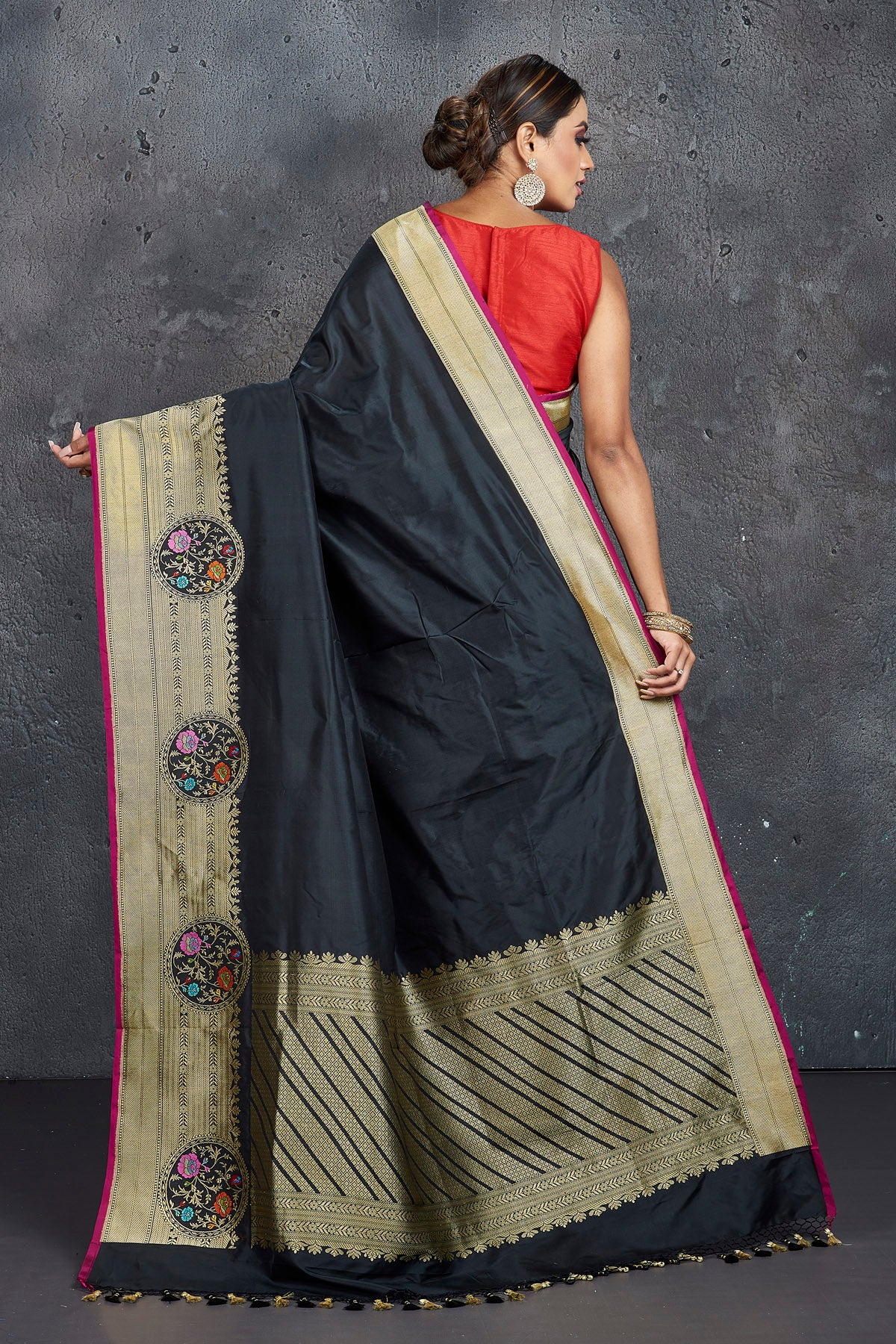 Shop stunning black Katan silk sari online in USA with golden zari border. Keep your ethnic wardrobe up to date with latest designer sarees, pure silk sarees, handwoven sarees, tussar silk sarees, embroidered sarees from Pure Elegance Indian saree store in USA.-back
