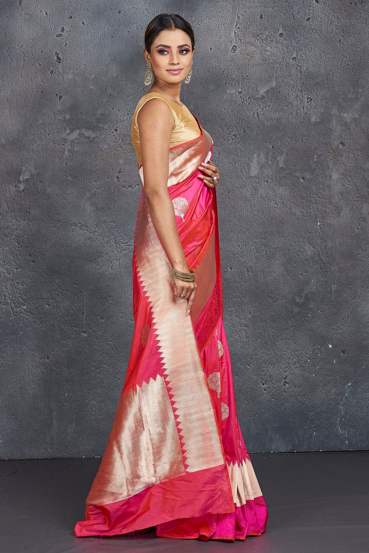 Buy stunning pink Katan silk sari online in USA with golden zari border. Keep your ethnic wardrobe up to date with latest designer sarees, pure silk sarees, handwoven sarees, tussar silk sarees, embroidered sarees from Pure Elegance Indian saree store in USA.-side