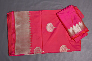 Buy stunning pink Katan silk sari online in USA with golden zari border. Keep your ethnic wardrobe up to date with latest designer sarees, pure silk sarees, handwoven sarees, tussar silk sarees, embroidered sarees from Pure Elegance Indian saree store in USA.-blouse