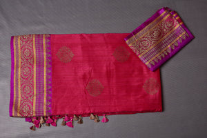 Shop beautiful mustard dupion silk saree online in USA with purple zari border. Be the center of attraction at parties and festive occasions in stunning silk sarees, handwoven sarees, embroidered sarees, designer sarees, Banarasi sarees, tussar silk saris from Pure Elegance Indian fashion store in USA.-blouse