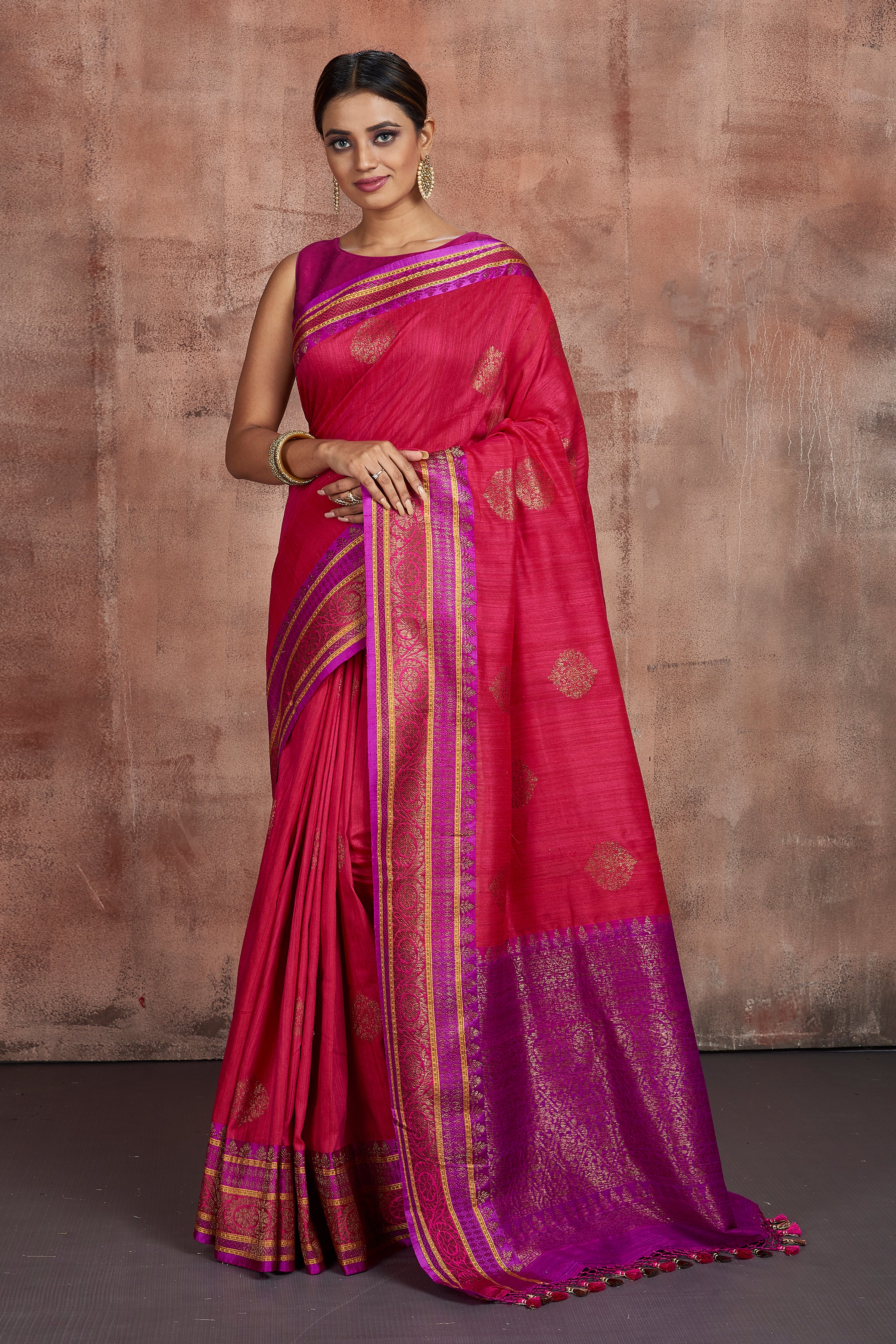 Shop beautiful mustard dupion silk saree online in USA with purple zari border. Be the center of attraction at parties and festive occasions in stunning silk sarees, handwoven sarees, embroidered sarees, designer sarees, Banarasi sarees, tussar silk saris from Pure Elegance Indian fashion store in USA.-full view
