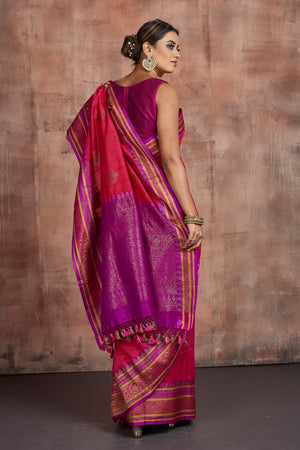 Shop beautiful mustard dupion silk saree online in USA with purple zari border. Be the center of attraction at parties and festive occasions in stunning silk sarees, handwoven sarees, embroidered sarees, designer sarees, Banarasi sarees, tussar silk saris from Pure Elegance Indian fashion store in USA.-back