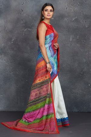 Shop white and multicolor Kantha work saree online in USA. Keep your ethnic wardrobe up to date with latest designer sarees, pure silk sarees, handwoven sarees, tussar silk sarees, embroidered saris, Paithani sarees from Pure Elegance Indian saree store in USA.-side