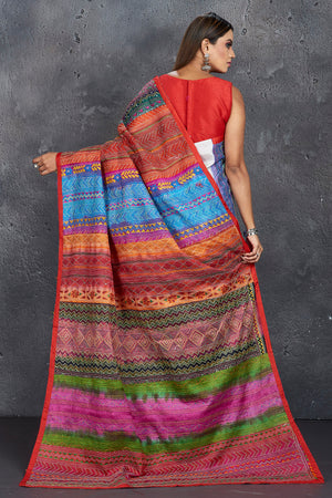Shop white and multicolor Kantha work saree online in USA. Keep your ethnic wardrobe up to date with latest designer sarees, pure silk sarees, handwoven sarees, tussar silk sarees, embroidered saris, Paithani sarees from Pure Elegance Indian saree store in USA.-back