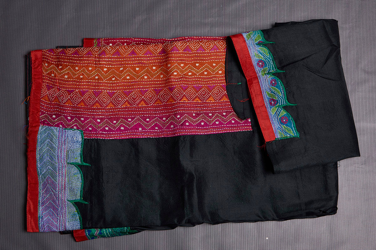 Buy stunning black silk saree online in USA with multicolor Kantha pallu and border. Keep your ethnic wardrobe up to date with latest designer sarees, pure silk sarees, handwoven sarees, tussar silk sarees, embroidered saris, Paithani sarees from Pure Elegance Indian saree store in USA.-blouse