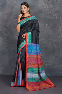 Buy stunning black silk saree online in USA with multicolor Kantha pallu and border. Keep your ethnic wardrobe up to date with latest designer sarees, pure silk sarees, handwoven sarees, tussar silk sarees, embroidered saris, Paithani sarees from Pure Elegance Indian saree store in USA.-full view