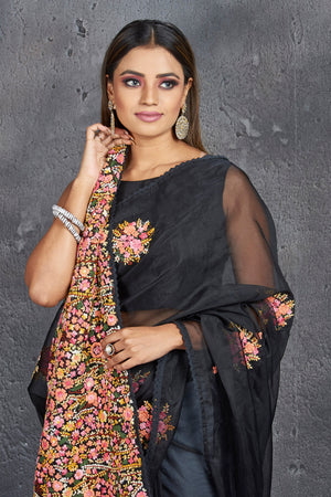 Buy stunning black organza saree online in USA with French knot embroidery. Keep your ethnic wardrobe up to date with latest designer sarees, pure silk sarees, handwoven sarees, tussar silk sarees, embroidered sarees, Paithani sarees from Pure Elegance Indian saree store in USA.-closeup
