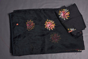 Buy stunning black organza saree online in USA with French knot embroidery. Keep your ethnic wardrobe up to date with latest designer sarees, pure silk sarees, handwoven sarees, tussar silk sarees, embroidered sarees, Paithani sarees from Pure Elegance Indian saree store in USA.-blouse