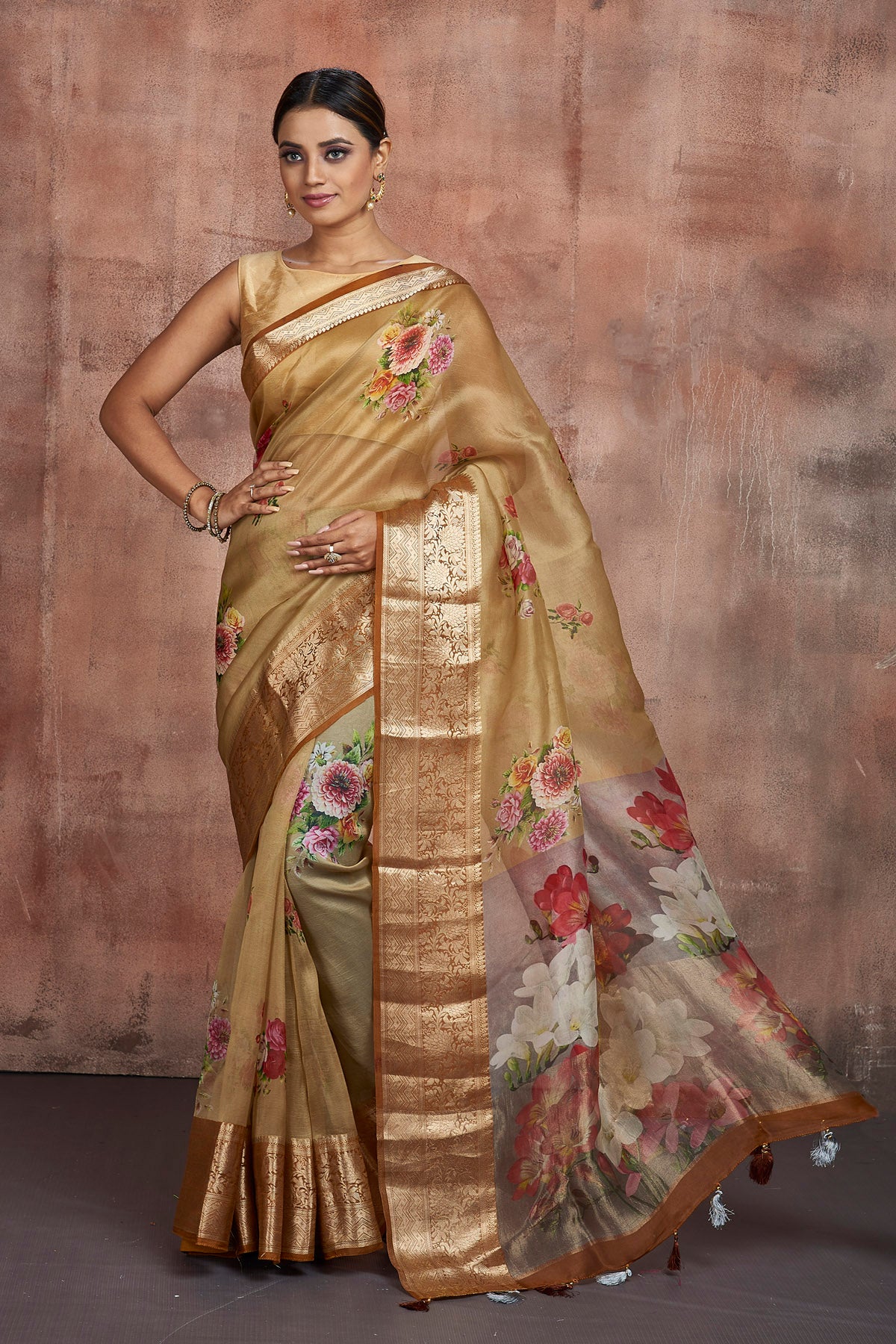 Buy gorgeous beige floral organza saree online in USA with zari border. Keep your ethnic wardrobe up to date with latest designer sarees, pure silk sarees, handwoven sarees, tussar silk sarees, embroidered sarees from Pure Elegance Indian saree store in USA.-full view