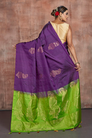 Shop beautiful purple Kanjivaram silk sari online in USA with green zari pallu. Keep your ethnic wardrobe up to date with latest designer sarees, pure silk sarees, handwoven sarees, tussar silk sarees, embroidered sarees from Pure Elegance Indian saree store in USA.-back