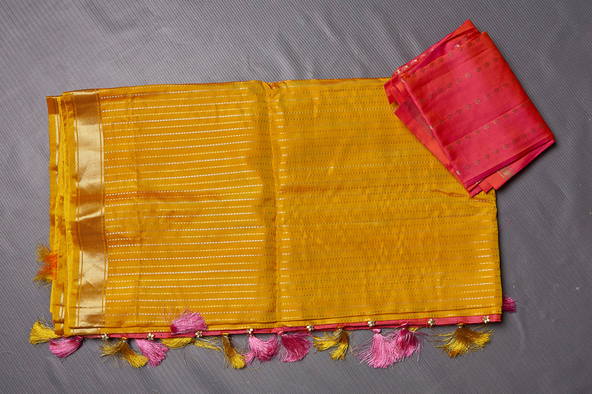 Shop beautiful mustard Kanjivaram silk sari online in USA with pink zari pallu. Keep your ethnic wardrobe up to date with latest designer sarees, pure silk sarees, handwoven sarees, tussar silk sarees, embroidered sarees from Pure Elegance Indian saree store in USA.-blouse